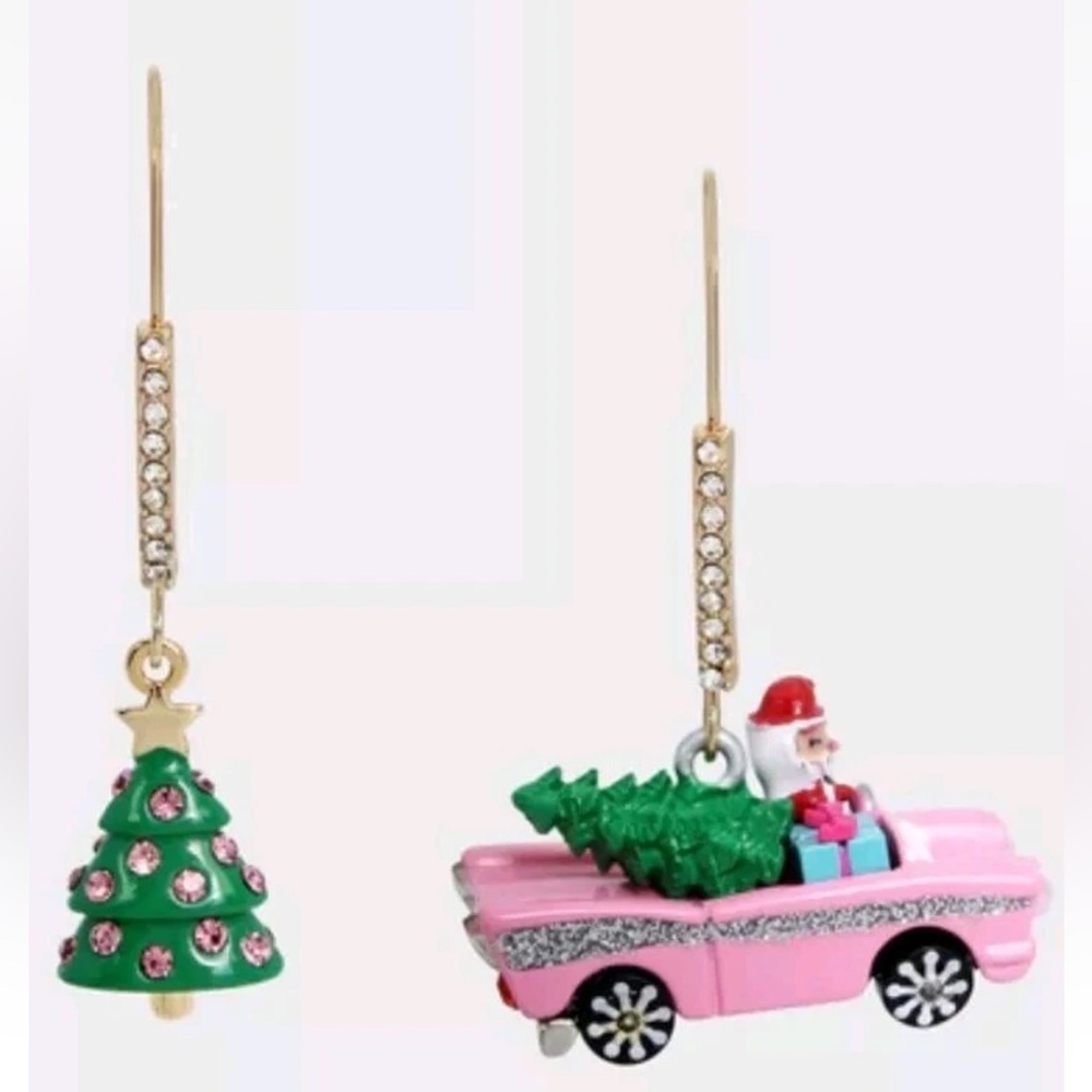 Betsey Johnson Jingle Bell Bling Santa Car Mismatch Christmas Tree Earrings